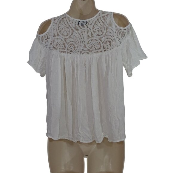a.n.a. A New Day White Cold Shoulder Lace Yoke Top Women Size M Semi-sheer - Picture 3 of 8